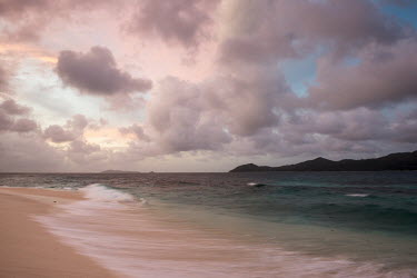 Indian Ocean towards Aride and Praslin islands at twilight Indian Ocean Islands,landscape,shore,waves,twilight,sunset,clouds