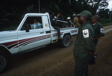 WWF International staff check vehicles leaving logging concession areas for bushmeat Africa,conservation,conservation issue,conservation issues,patrol,patrols,check,checkpoint,check point,forest,ranger,rangers,WWF,staff,people,poaching,poachers,bushmeat,wildlife trade,vehicle,vehicles