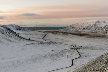 Svalbard landscape Svalbard,Arctic,landscape,road,low light,mountains,snow,valley,sunset,Longyearbyen,Autumn