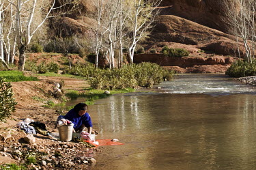 Woman washing clothes in the river of the picturesque Dades Gorge in the Atlas mountains ecosystem,habitat,environment,landscape,Morocco,Africa,stream,river,freshwater,water,people,humans,living,settlement