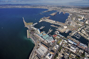 Aerial view of Table Bay working harbour lying in the deep blue waters of the Atlantic Ocean - Cape Town, South Africa Aerial,Landscape,Harbour,Working port,Industry,Land management,Sea,Ocean,City,Boats