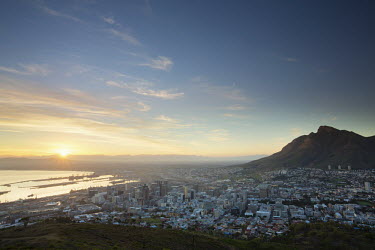 Cape Town city centre at sunrise with a view of Table Mountain - Cape Town, South Africa Landscape,Morning,City lights,Sunrise,Mountains,Waking up,Moon,Sky,Table Mountain