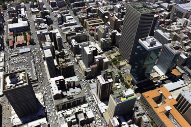 Aerial view of central Johannesburg - South Africa Aerial,Skyline,Landscape,City,City centre,Road,Highrise,Buildings,Block,Square,Shapes,Ordered,Patterned,Cars