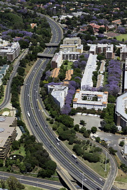 Aerial view of the main highway travelling through to the city centre in the distance - Johannesburg, South Africa Aerial,City,Road,Buildings,Houses,Neighbourhood,Trees,Rooftops,Settlement,City centre,Highway,Main road,Winding,Bridges