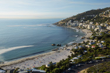 Aerial view of Camps Bay - Cape Town, South Africa Aerial,Coastal,Town,Beach,Sand,Mountain,Cliff,Settlement,Civilisation,Ocean,Sea,Bluesky,Rock formation