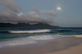 Indian Ocean and Praslin in moonlight Indian Ocean Islands,landscape,shore,waves,twilight,moonlight,moon,clouds