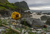 Plastic drum found on a remote stretch of coastline on Vry. norway,coast,july,nordland,marine debris,marine litter,moody,atmospheric,plastic drum,litter,beach rocks