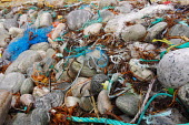 Rocky beach strewn with plastic litter. The rocky parts of a coastline are effectively a microplastics factory. coast,debris,rope,litter,environment,plastic,environmental issues,marine debris,plastic waste,marine litter,microplastics,conservation issues,plastic bottle,plastic pollution,rope fragments