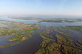 A ship moves down the mouth of the Mississippi River Mississippi River,ship,landscape,river,Gulf of Mexico,gulf,marsh,coastal,wetlands,aerial
