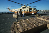 Rescued African penguins in boxes being unloaded from a helicopter Africa,Conservation,issue,issues,conservation issues,conservation issue,threat,threatened,Jackass penguin,black-footed penguin,African penguin,penguin,penguins,bird,birds,pollution,environmental,disas