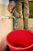 Conservation Issues: open tap illustrating low water pressure/shortage Africa,conservation,conservation issue,conservation issues,water,clean water,drinking water,collect,collecting,urban,village,people,tap,pressure,low pressure,open,drip,red,bucket,turn,hand,shallow foc