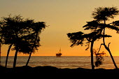 The sunset silhouette of an oil rig coast,coastal,coastline,sea,ocean,oceans,beach,sunrise,dawn,low light,silhouette,oil,oil rig,rig,natural resources,exploitation,resources,fossil fuel,fossil fuels,digging,environment,human impact,indu