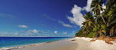 Anse Victorin, Fregate island - Seychelles Panoramic view of Anse Victorin beach and palm trees. Voted by the London Sunday Times as the word's best beach