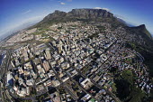 Aerial view of Cape Town with Table Mountain, Devilâs Peak and Lionâs Head in the background - Western Cape Province, South Africa Aerial,Fish-eye,Skyline,City,High-rise,Pattern,Order,Block,Mountain,Table Mountain,Urban sprawl,Tarmac,Road