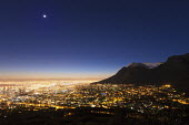 Cape Town city centre at sunrise with a view of Table Mountain - Cape Town, South Africa Morning,City lights,Sunrise,Mountains,Waking up,Moon,Sky,Early morning,Table Mountain