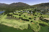 Aerial view of a riverside golf course - South Africa Aerial,Riverside,Mountains,Settlement,Slope,River,Trees,Landscape,Golf Course,Land management,Leisure,Activities,Land conflict