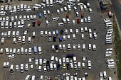 Aerial view of a car-park - South Africa Aerial,Carpark,Order,Lines,Tarmac,Transport,Modern,Car,bus,Travel