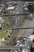Aerial view of train links and roads - South Africa Aerial,Transport,Train,Railway,Bridge,Road,Connections,Modern,Travel